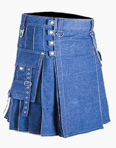 MEN'S SIDE STRAPS BLUE DENIM KILT - Scottish Kilt Jacket™ USA-UK